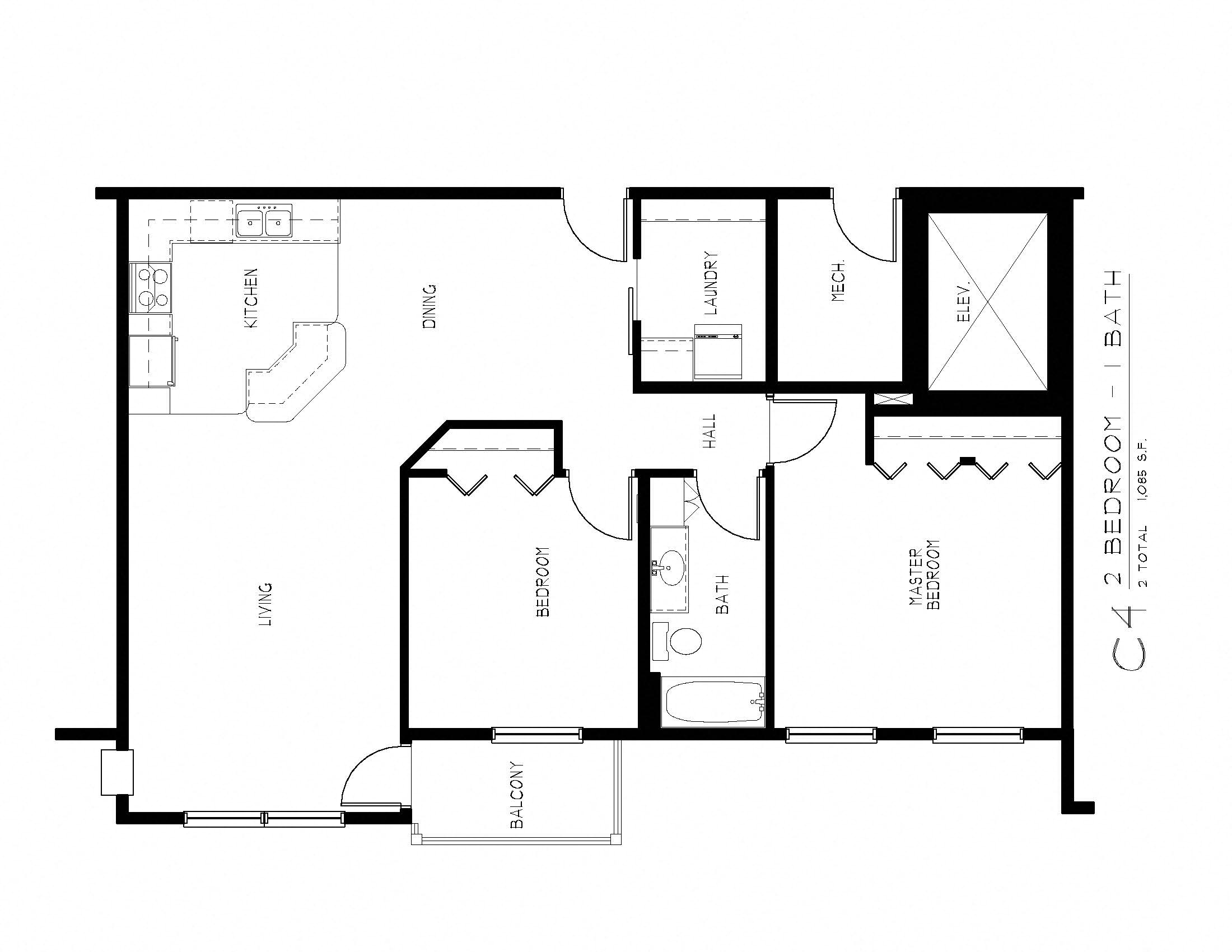 Floor plan for 2 beds, 1 bath, 1208 sqft